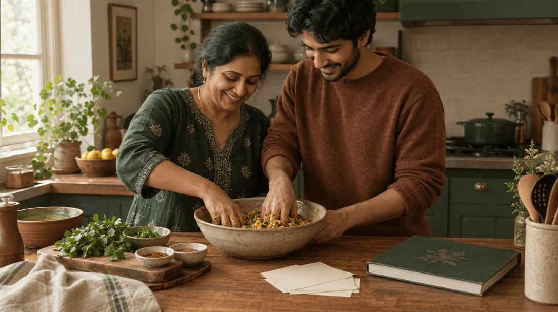 A mother and adult son cooking together beside a closed cookbook and blank recipe cards