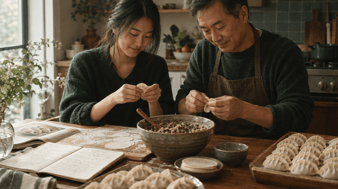 A father and adult daughter folding dumplings together beside handwritten family recipes